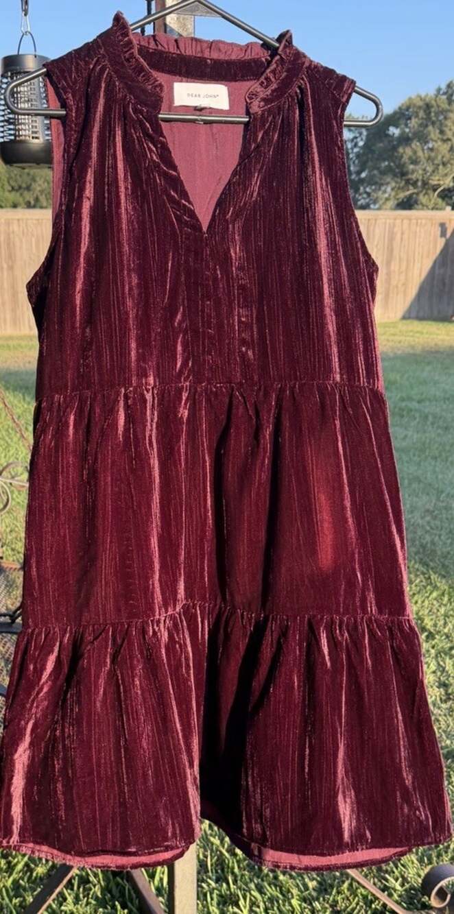 Dear John Dress Burgundy Crushed Velvet Ruffle V Neck Dress #1094 Size M